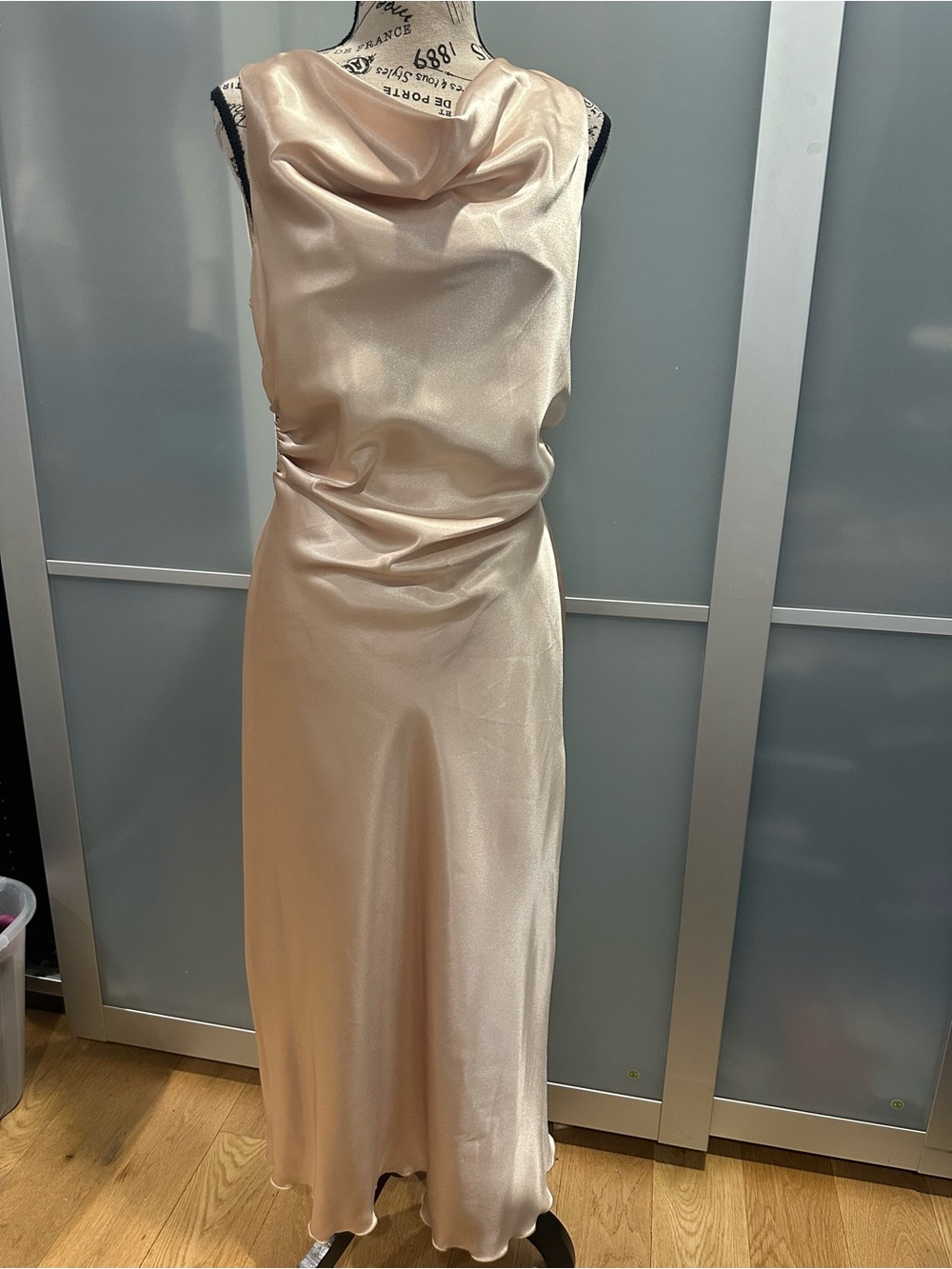 bebe Ivory Satin Cowl-Neck Midi Slip Dress